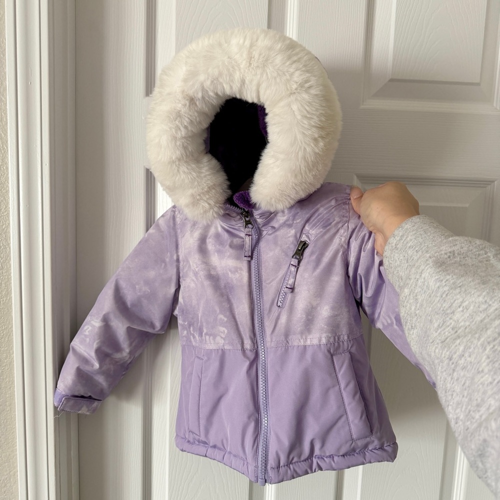 3T Girls Bundle Purple Puffer Jacket with White Faux Fur & NWOT Outift